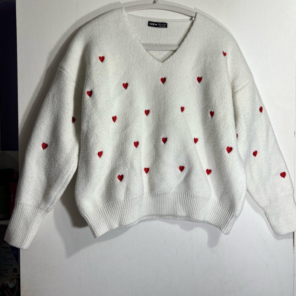 Chic Spring Autumn Long Sleeve Heart Print Casual Dolman Sweater - Picture 2 of 5